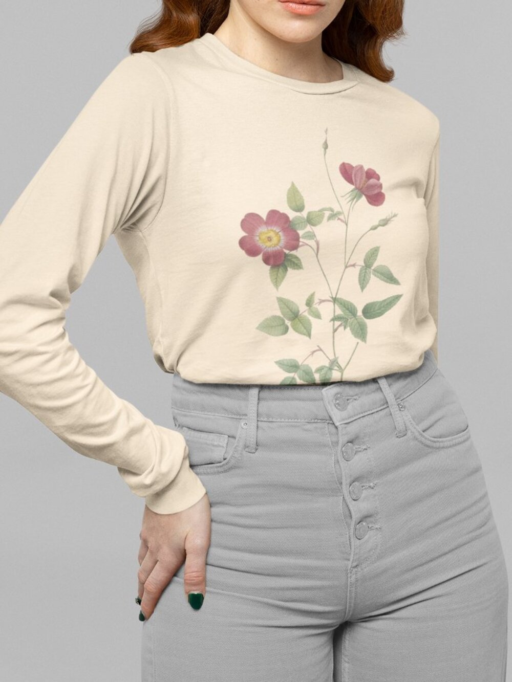 Rose Vintage Floral Print Long Sleeve Graphic Tee T-shirt S-XXL